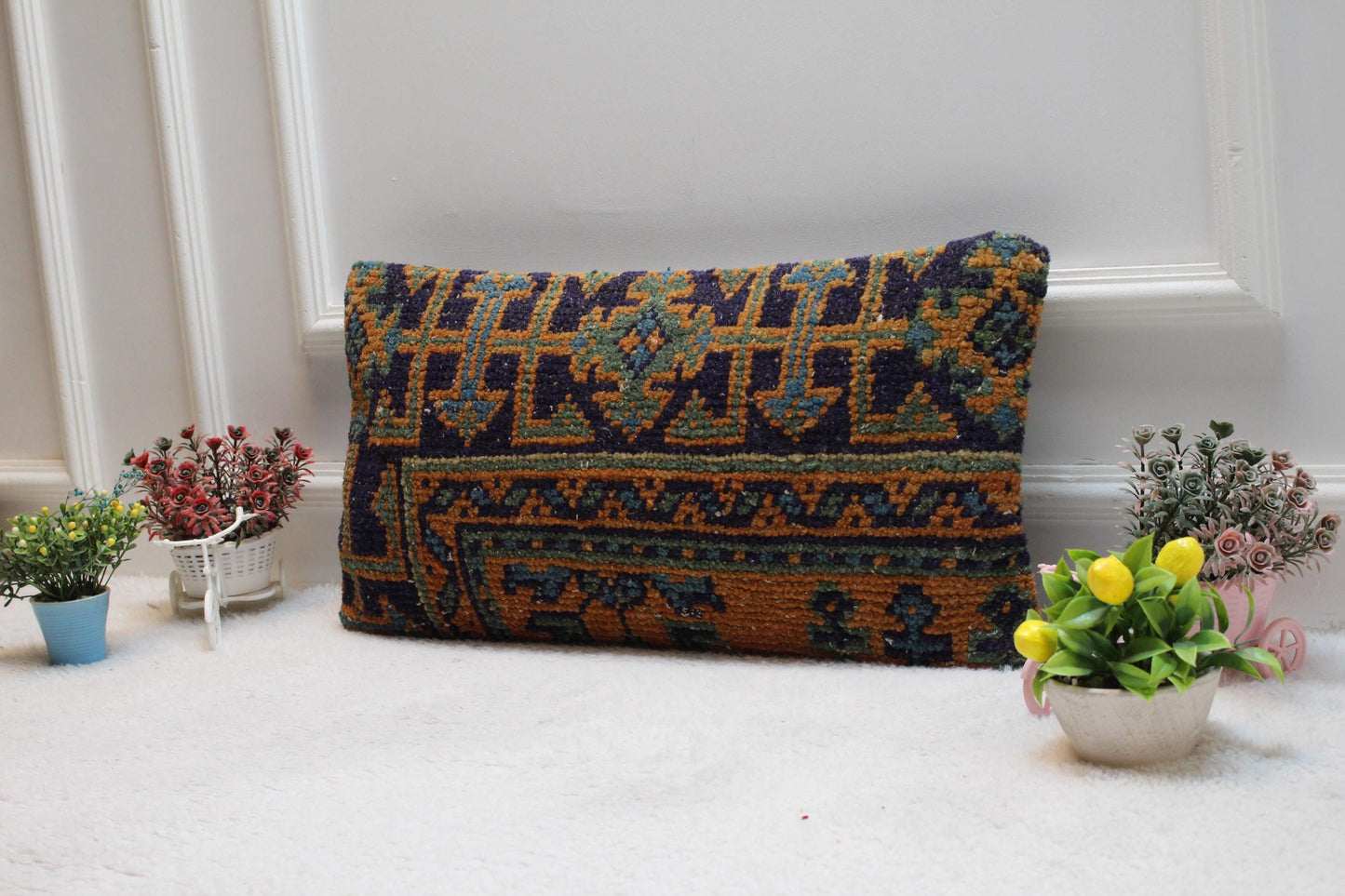 Handmade Turkish Rug Pillow Cover: Upcycled Kilim Lumbar Pillow (12x24 inc)