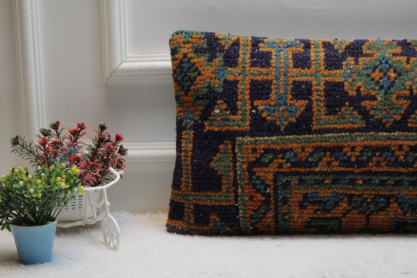 Handmade Turkish Rug Pillow Cover: Upcycled Kilim Lumbar Pillow (12x24 inc)