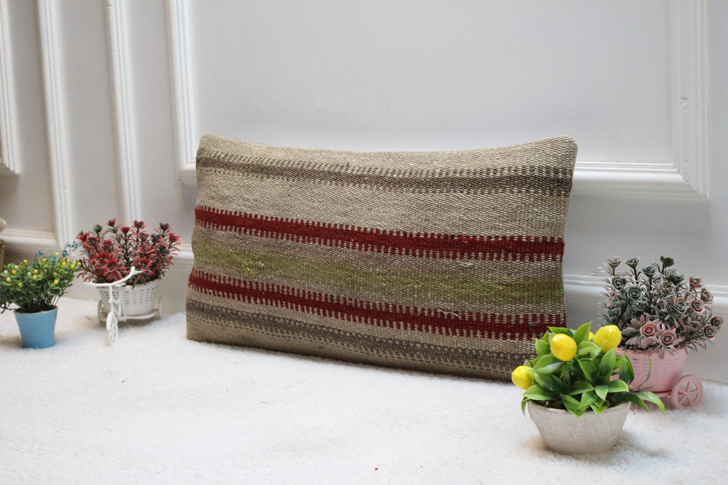 Handmade Kilim Lumbar Pillow Cover: Vintage Woven Rug, 12x24 inch