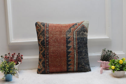 Handmade Red Turkish Rug Pillow Cover: Boho Home Decor (16x16 inch)