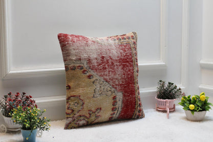 Red Beige Turkish Rug Pillow Cover: Vintage Woven Wool, 16x16 inch