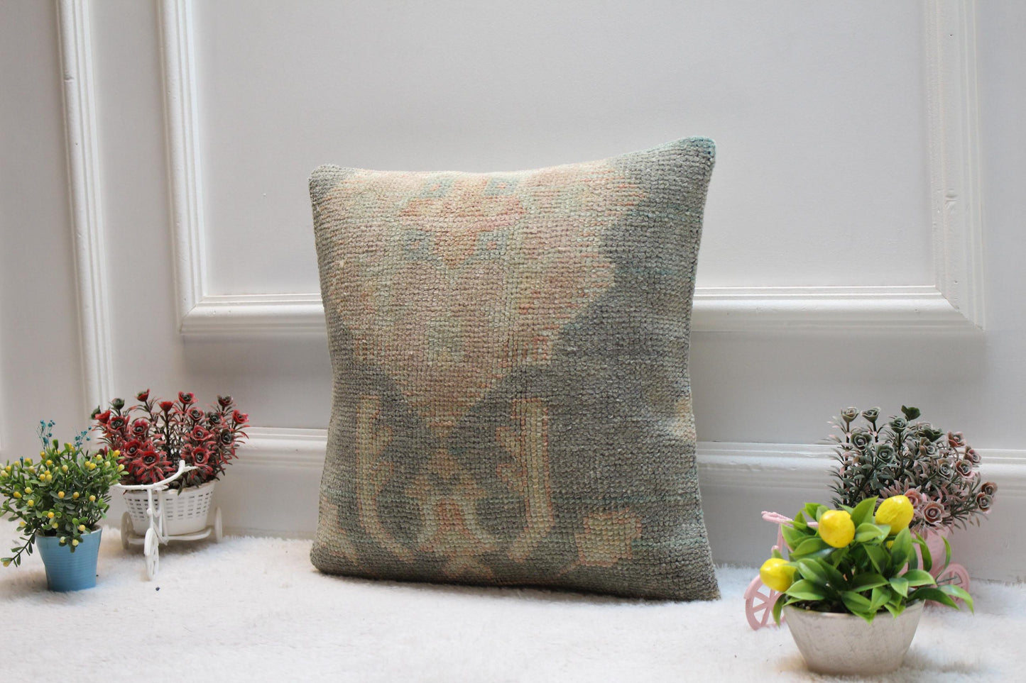 Handmade Turkish Rug Pillow Cover: Upcycled Wool, Bohemian Home Decor (16x16 inc)
