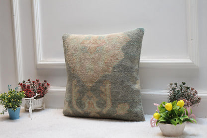Handmade Turkish Rug Pillow Cover: Upcycled Wool, Bohemian Home Decor (16x16 inc)