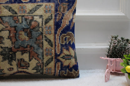 Blue Vintage Turkish Rug Pillow Cover: Boho Kilim Pillow (16x16 in)