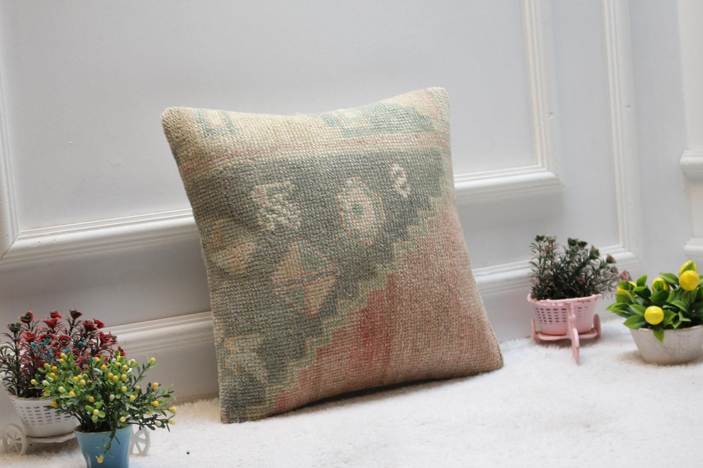 Handmade Kilim Pillow Cover: Upcycled Vintage Turkish Rug, 16x16 inch
