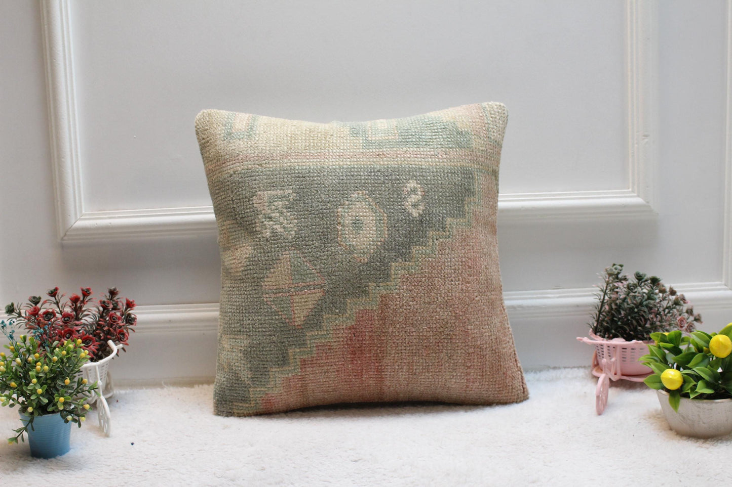 Handmade Kilim Pillow Cover: Upcycled Vintage Turkish Rug, 16x16 inch