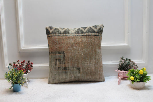 Handmade Kilim Pillow Cover: Vintage Turkish Rug, Bohemian Decor (16x16 inc.)