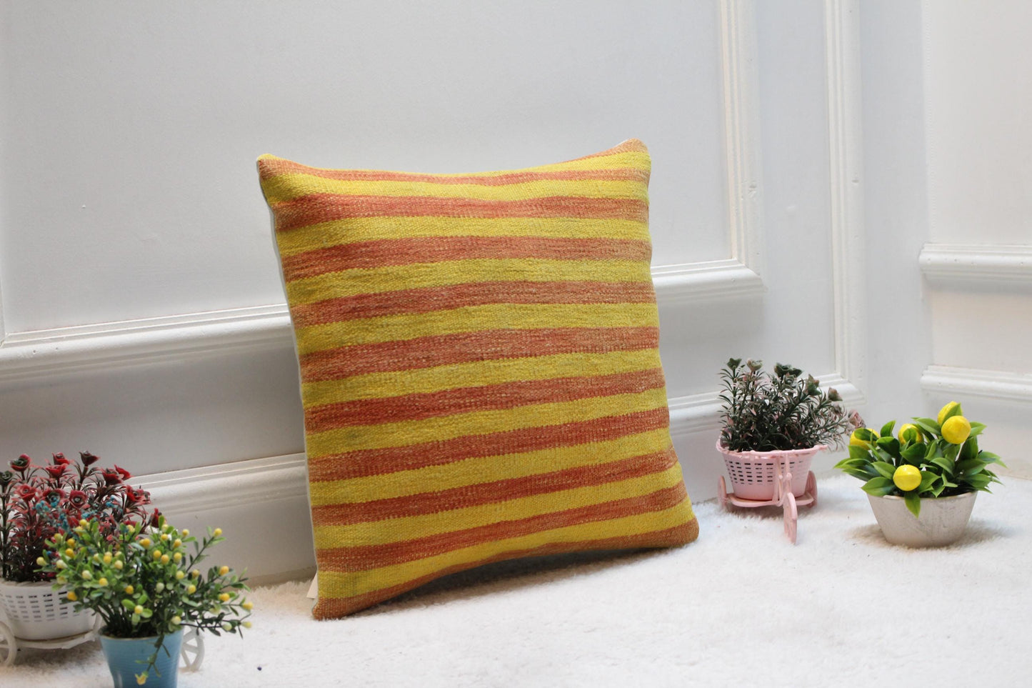 Yellow & Red Kilim Pillow Cover: Boho Woven Wool Cushion (16x16 in)