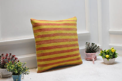 Yellow & Red Kilim Pillow Cover: Boho Woven Wool Cushion (16x16 in)