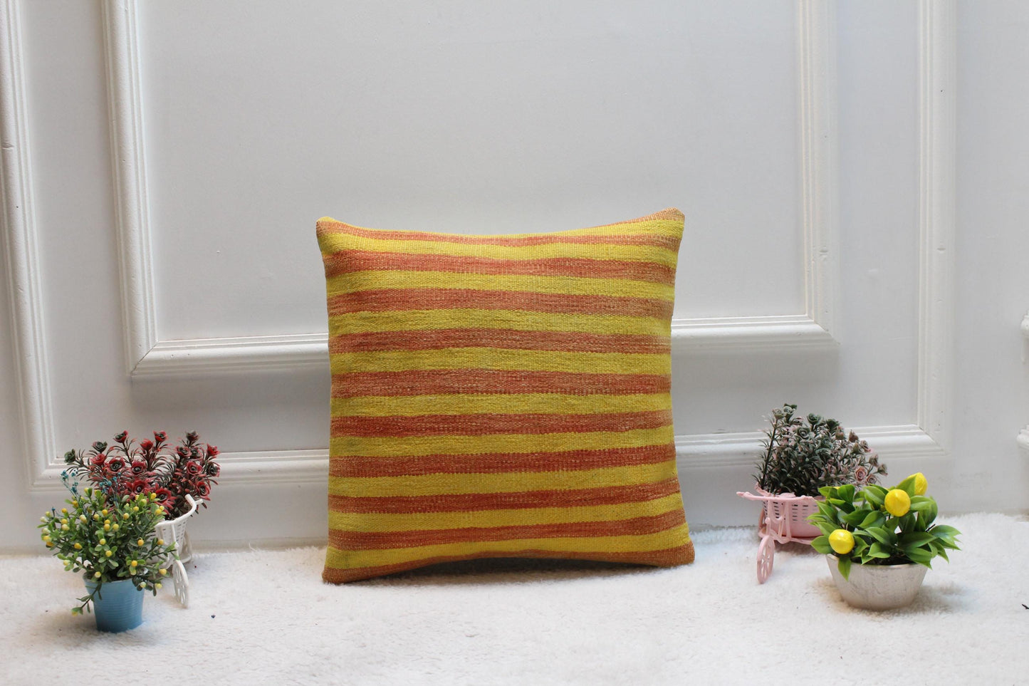 Yellow & Red Kilim Pillow Cover: Boho Woven Wool Cushion (16x16 in)
