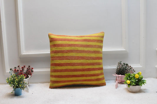 Yellow & Red Kilim Pillow Cover: Boho Woven Wool Cushion (16x16 in)