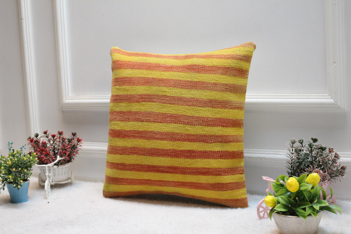 Yellow & Red Kilim Pillow Cover: Boho Woven Wool Cushion (16x16 in)
