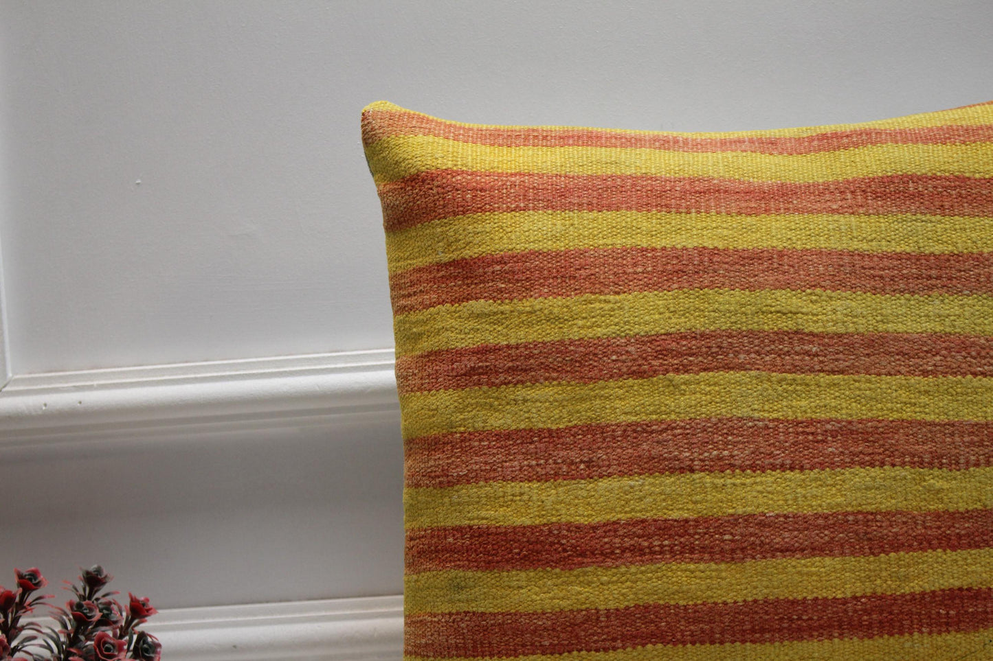 Yellow & Red Kilim Pillow Cover: Boho Woven Wool Cushion (16x16 in)