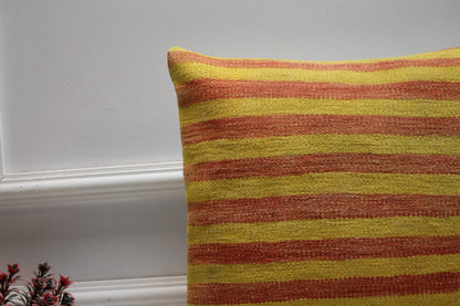 Yellow & Red Kilim Pillow Cover: Boho Woven Wool Cushion (16x16 in)