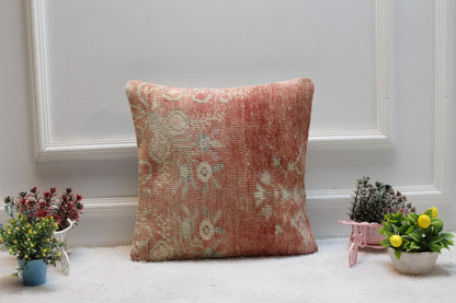 Handmade Kilim Pillow Cover: Floral Turkish Rug, 16x16 inc