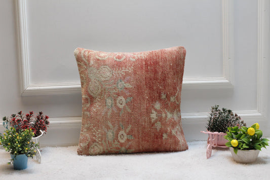 Handmade Kilim Pillow Cover: Floral Turkish Rug, 16x16 inc