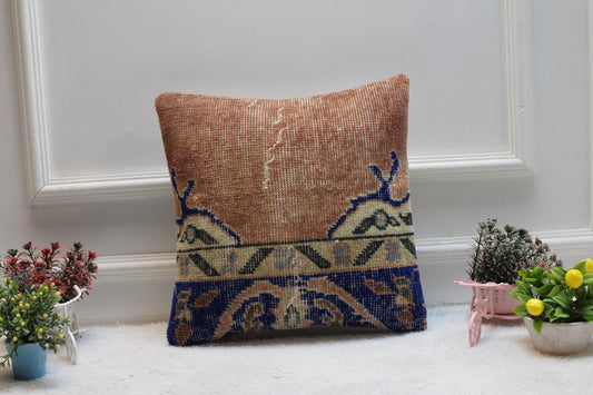 Handmade Turkish Rug Pillow Cover: Upcycled Boho Home Decor (16x16 in)