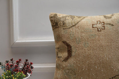 Handmade Beige Turkish Rug Pillow Cover: Boho Home Decor (16x16 in)