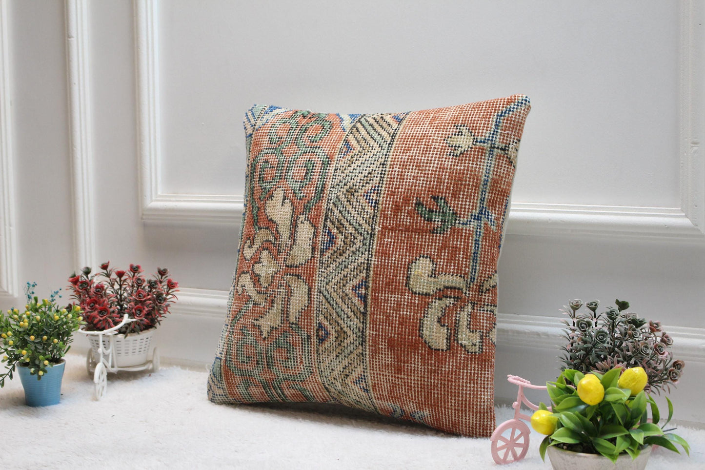 Handmade Kilim Pillow Cover: Upcycled Woven Rug, Boho Home Decor (16x16 in)