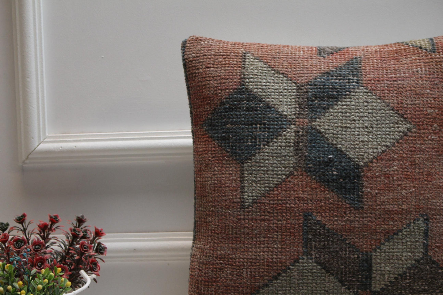 Red Turkish Kilim Pillow Cover: Vintage Woven Wool, 16x16
