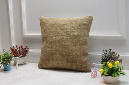 Handmade Beige Turkish Rug Pillow Cover: Vintage Kilim, 16x16 inch