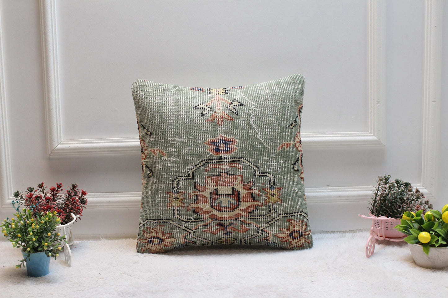 Green Vintage Turkish Rug Pillow Cover: 16x16 Organic Wool Pillow Case