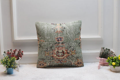 Green Vintage Turkish Rug Pillow Cover: 16x16 Organic Wool Pillow Case