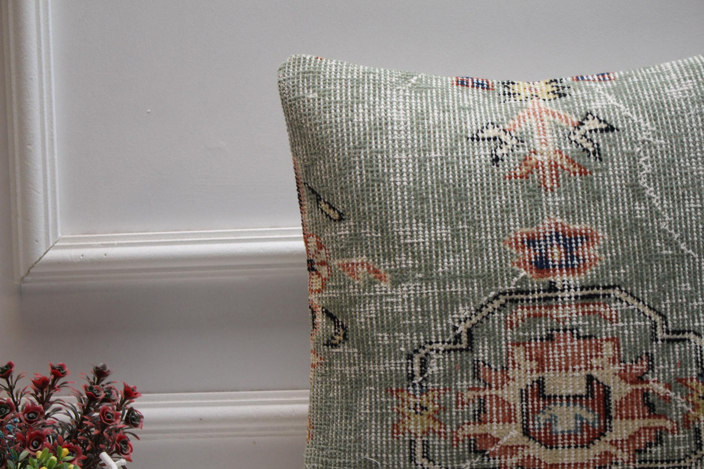 Green Vintage Turkish Rug Pillow Cover: 16x16 Organic Wool Pillow Case