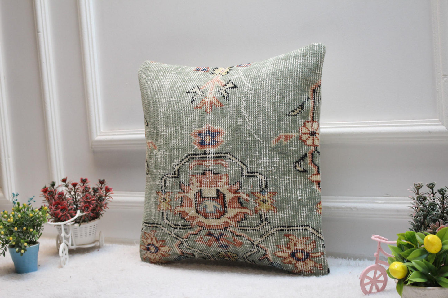 Green Vintage Turkish Rug Pillow Cover: 16x16 Organic Wool Pillow Case