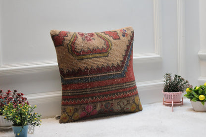 Handmade Kilim Pillow Cover: Upcycled Woven Rug, Boho Design (16x16 in)