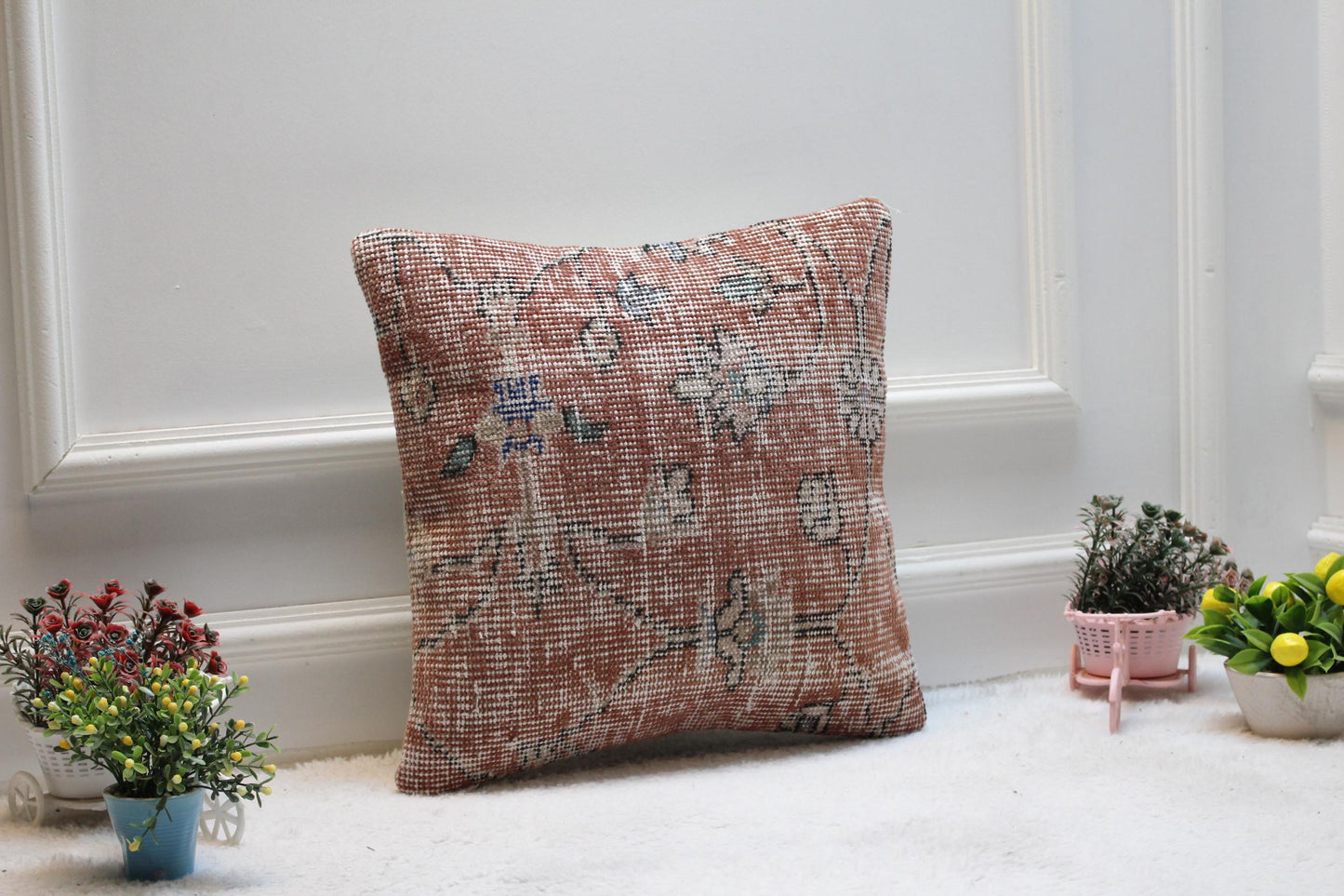 Red Vintage Turkish Rug Pillow Cover: 16x16 Boho Throw Pillow