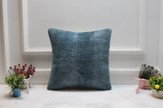 Blue Turkish Rug Pillow Cover: Vintage Boho Square Pillow Case (16x16 in)