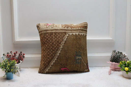 Brown Turkish Rug Pillow Cover: Vintage Boho Home Decor (16x16 inc)