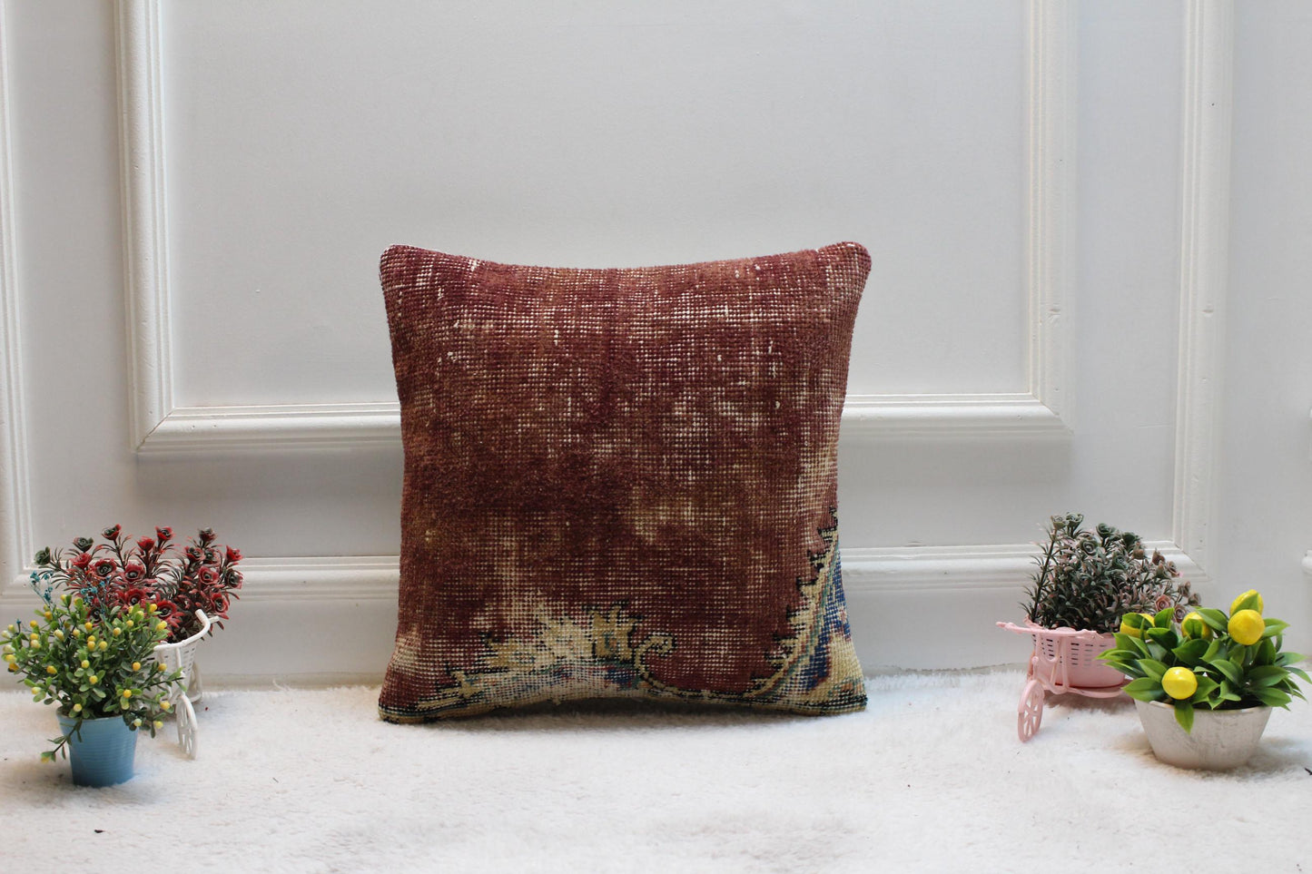 Handmade Red Kilim Pillow Cover: Vintage Boho Woven Wool (16x16 in)