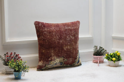 Handmade Red Kilim Pillow Cover: Vintage Boho Woven Wool (16x16 in)