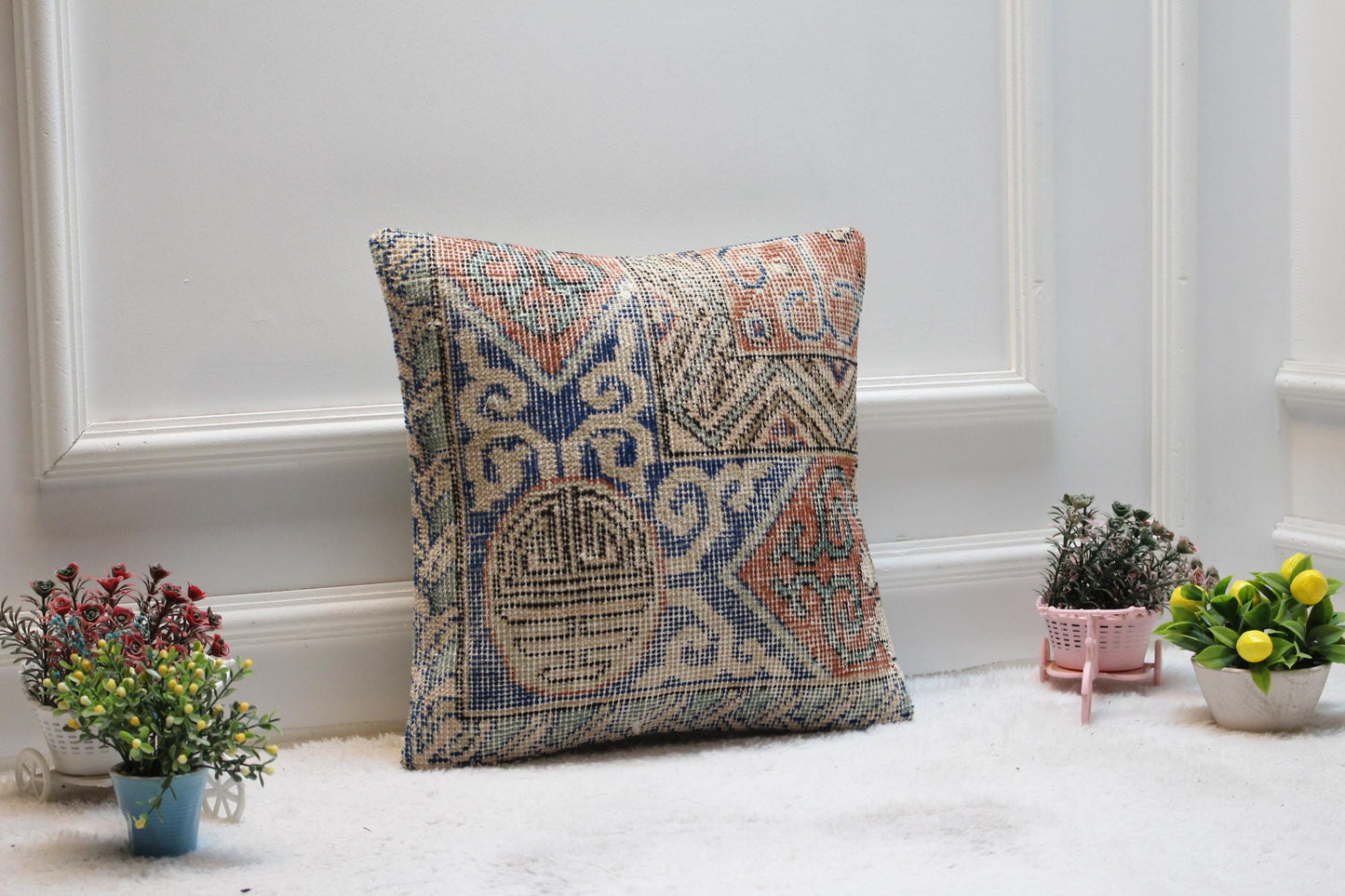 Blue Vintage Turkish Rug Pillow Cover: Boho Square Pillow, 16x16 inc