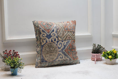 Blue Vintage Turkish Rug Pillow Cover: Boho Square Pillow, 16x16 inc