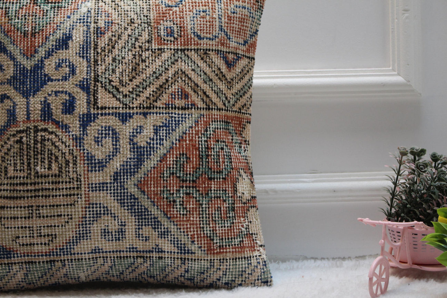Blue Vintage Turkish Rug Pillow Cover: Boho Square Pillow, 16x16 inc