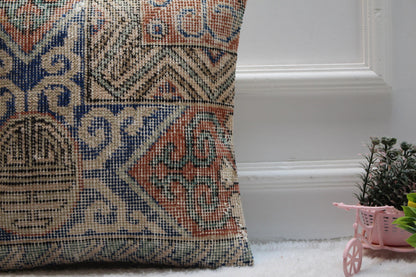 Blue Vintage Turkish Rug Pillow Cover: Boho Square Pillow, 16x16 inc
