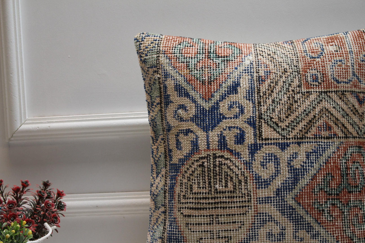 Blue Vintage Turkish Rug Pillow Cover: Boho Square Pillow, 16x16 inc