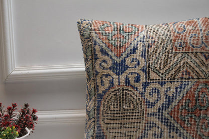 Blue Vintage Turkish Rug Pillow Cover: Boho Square Pillow, 16x16 inc