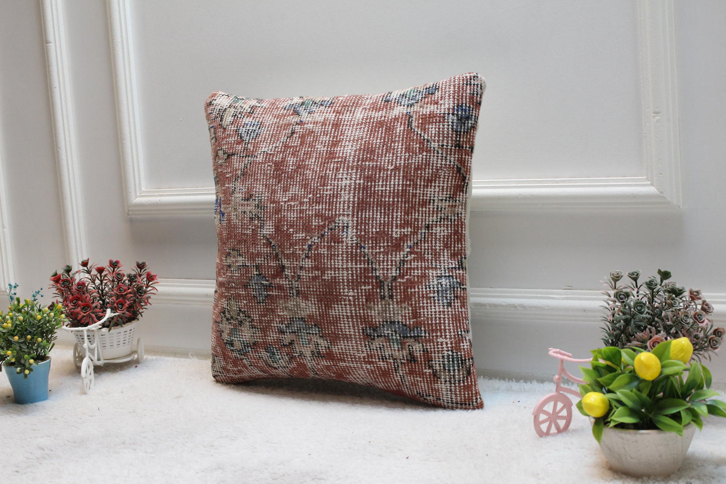 Red Turkish Rug Pillow Cover: Vintage Boho Wool, 16x16 inch