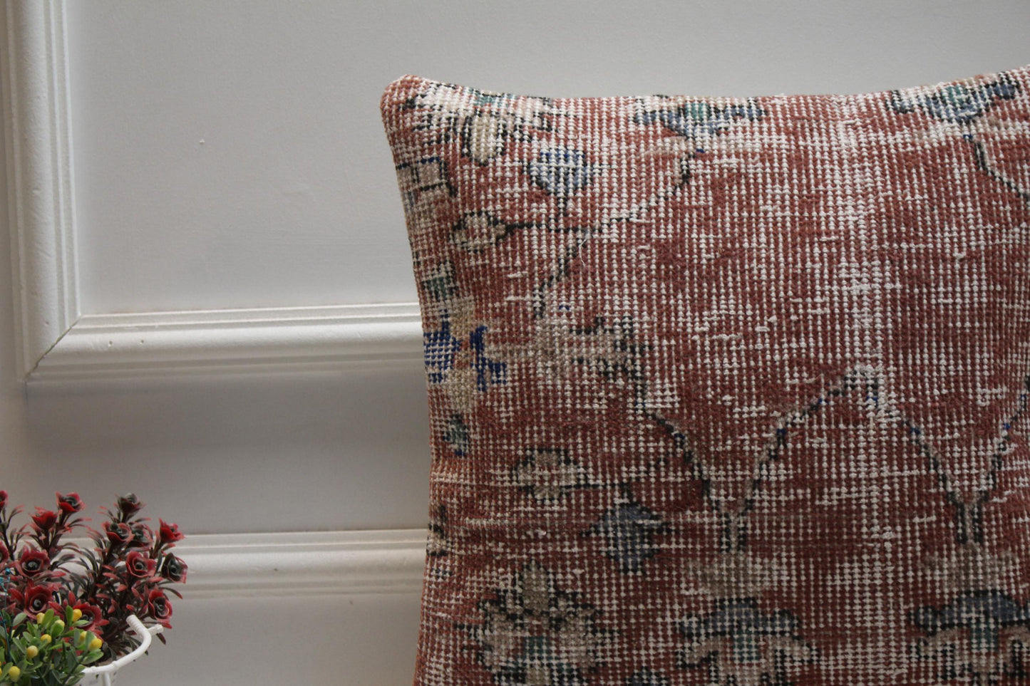Red Turkish Rug Pillow Cover: Vintage Boho Wool, 16x16 inch