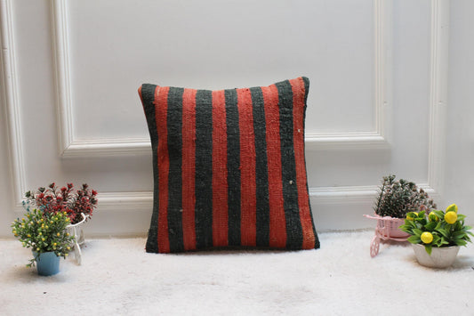 Red and Black Kilim Pillow Cover: Boho Home Decor (16x16 in)