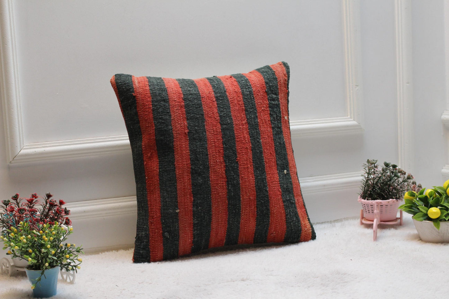Red and Black Kilim Pillow Cover: Boho Home Decor (16x16 in)