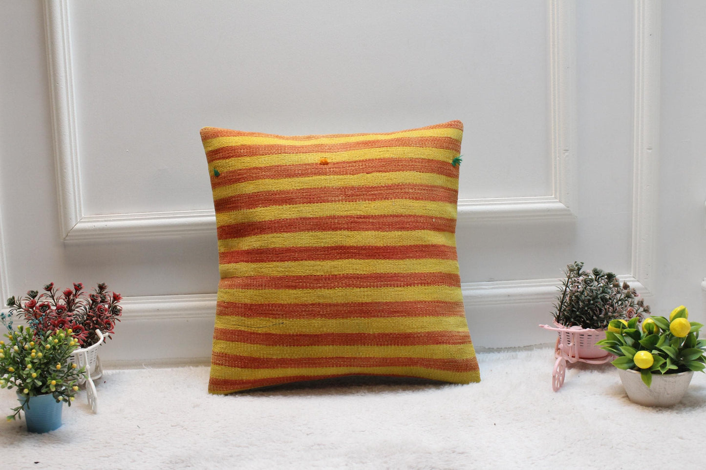 Handmade Striped Kilim Pillow Cover: Bohemian Decor (16x16 inch)