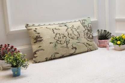 Floral Kilim Lumbar Pillow Cover: Organic Wool Throw Pillow, 12x24 inch