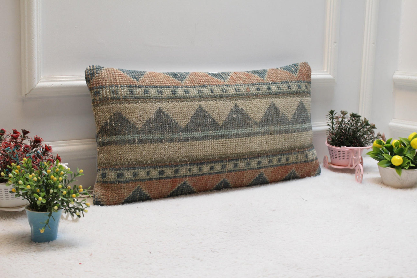 Handmade Kilim Pillow Cover: Upcycled Woven Rug, Bohemian Decor (12x24 in)