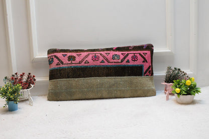 Handmade Kilim Lumbar Pillow Cover: Pink Woven Wool, 12x24 inch