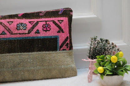 Handmade Kilim Lumbar Pillow Cover: Pink Woven Wool, 12x24 inch